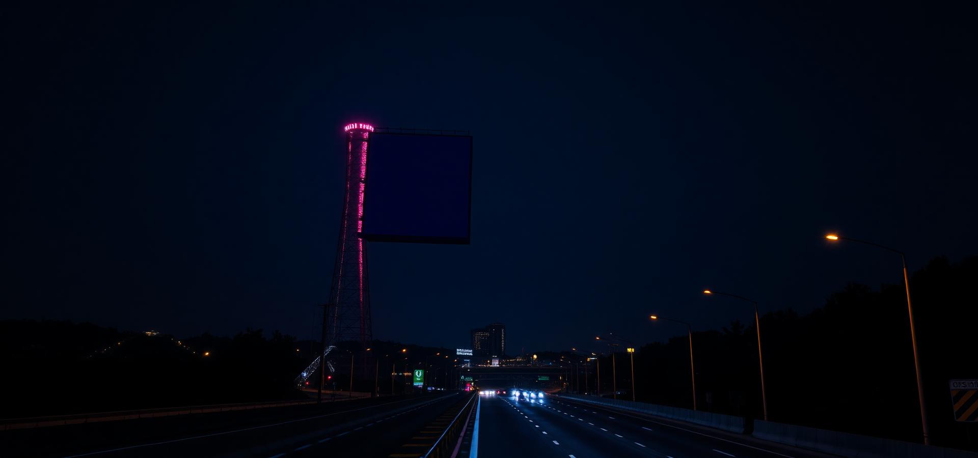 Digital billboard illuminated above a highway at night