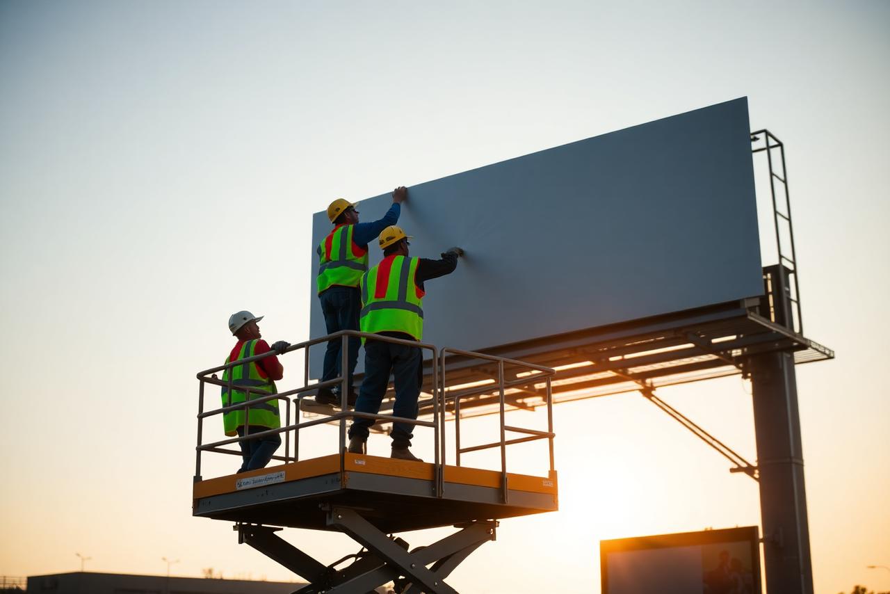 Field crew installing a large vinyl billboard poster from a lift platform at sunset