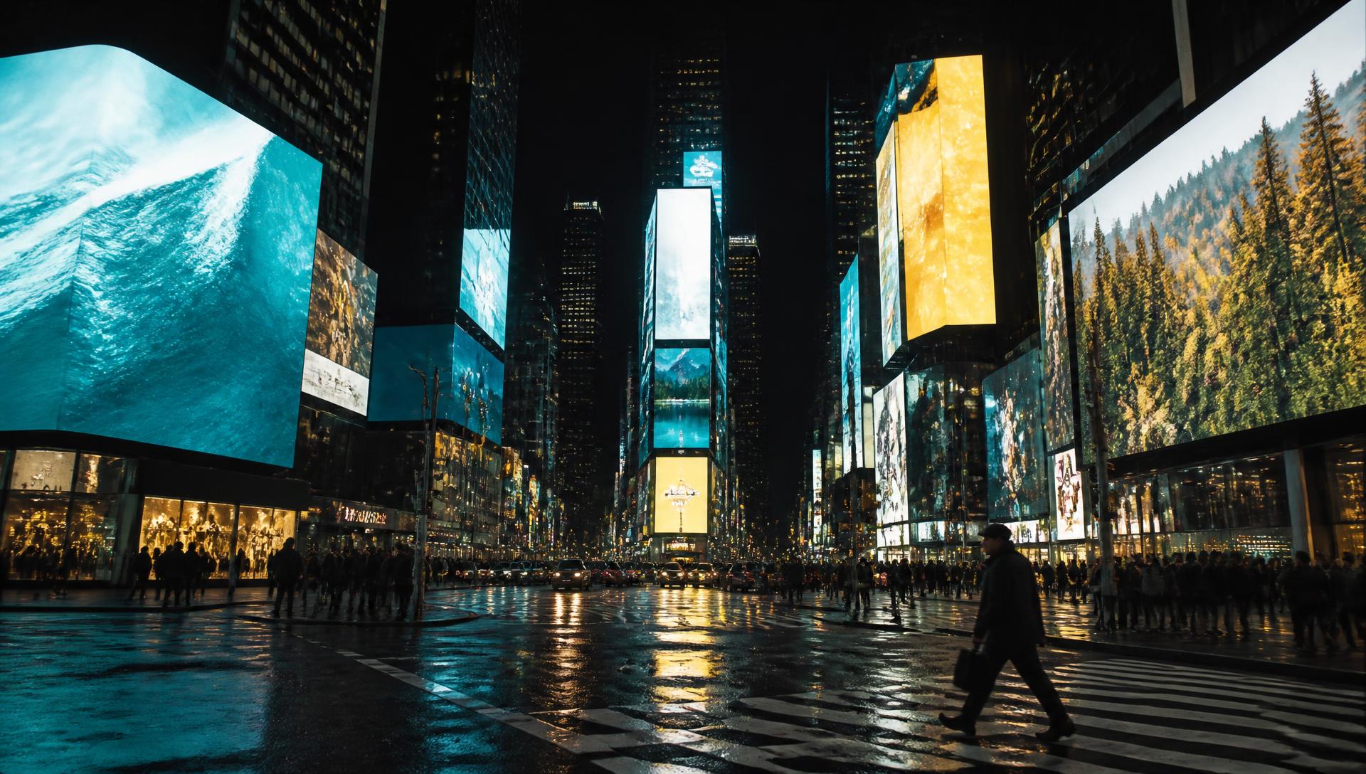 Nighttime city intersection surrounded by illuminated digital billboards and out-of-home advertising displays