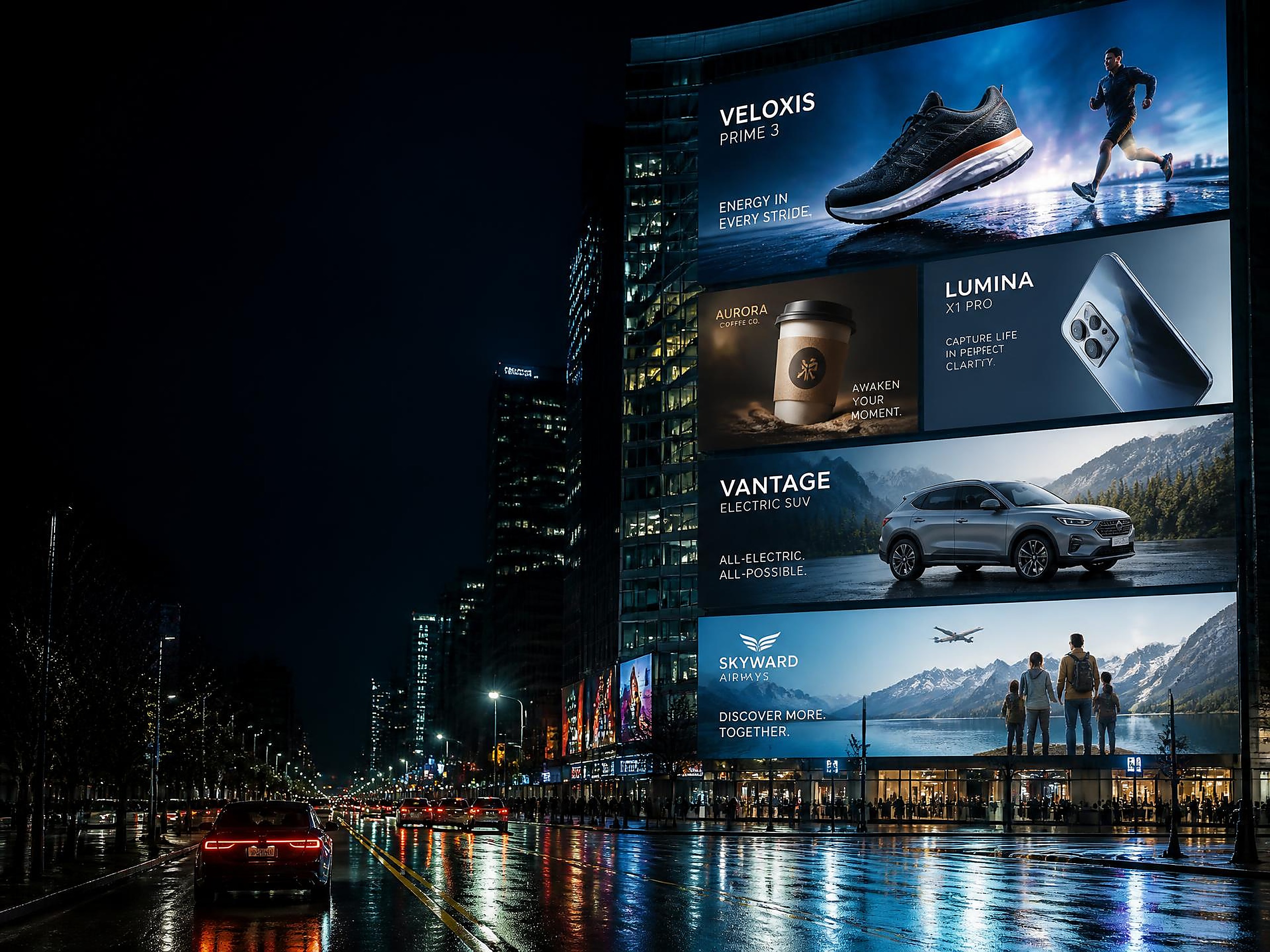 Nighttime city avenue lined with illuminated digital billboards and out-of-home advertising displays
