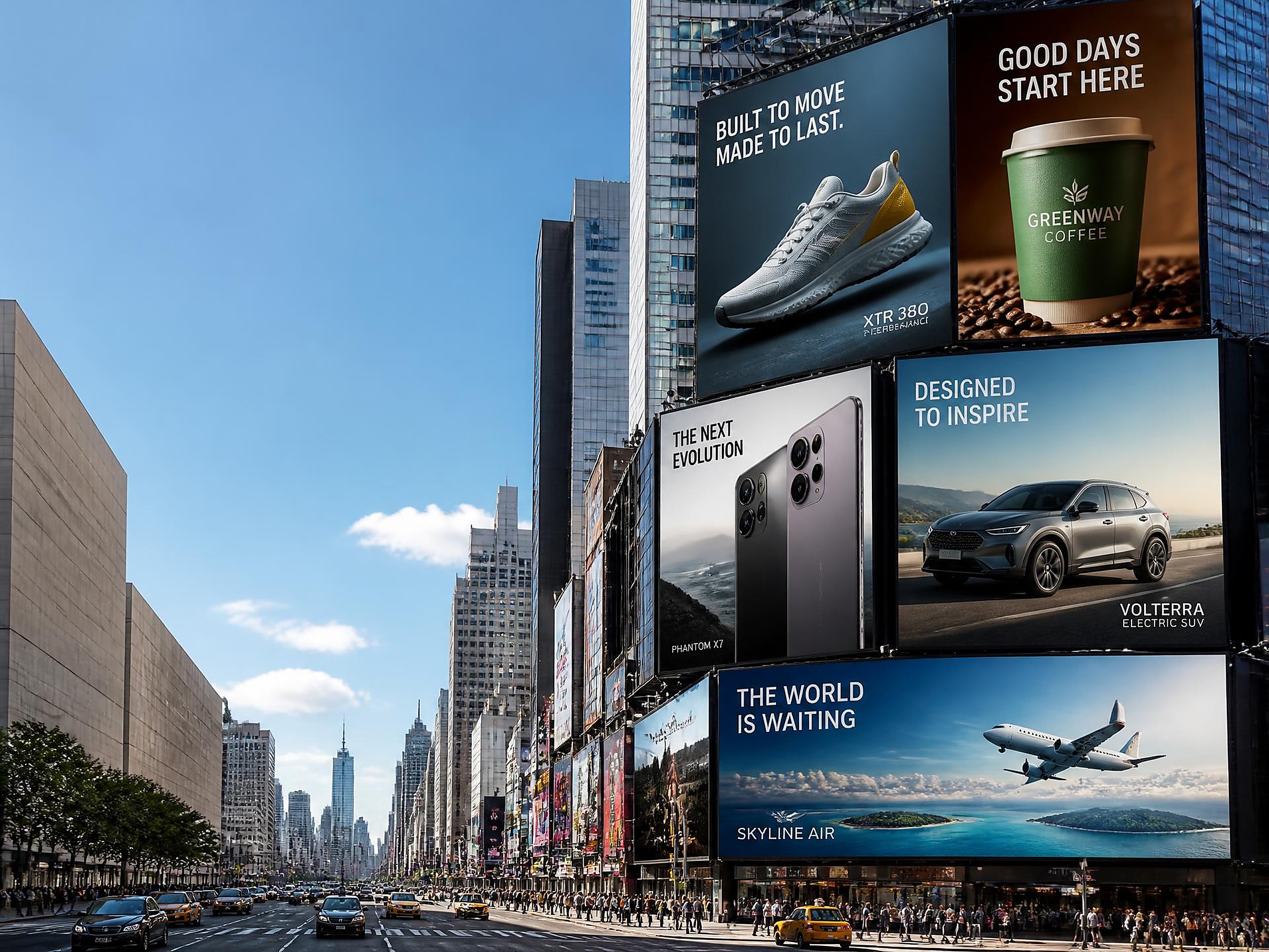 Sunny city avenue lined with large digital billboards and out-of-home advertising displays
